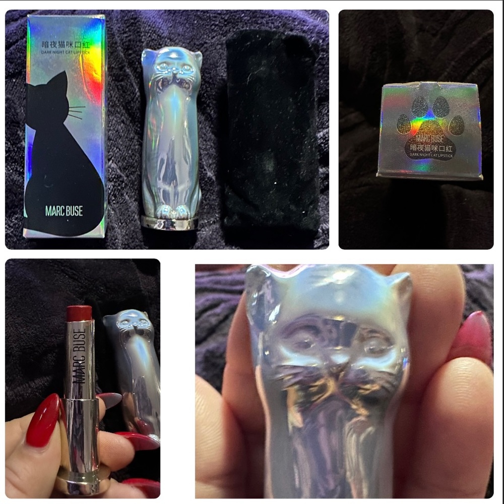 NIB Cat lipstick stunning tube is a heavy silver cat in a black velvet pouch